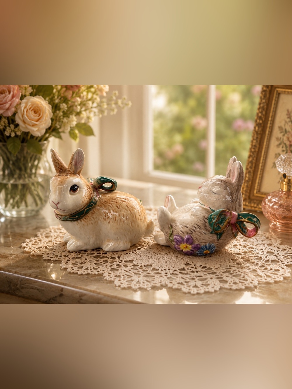 Fitz & Floyd Bunny Salt and Pepper Shakers - White and Tan with Floral Accents